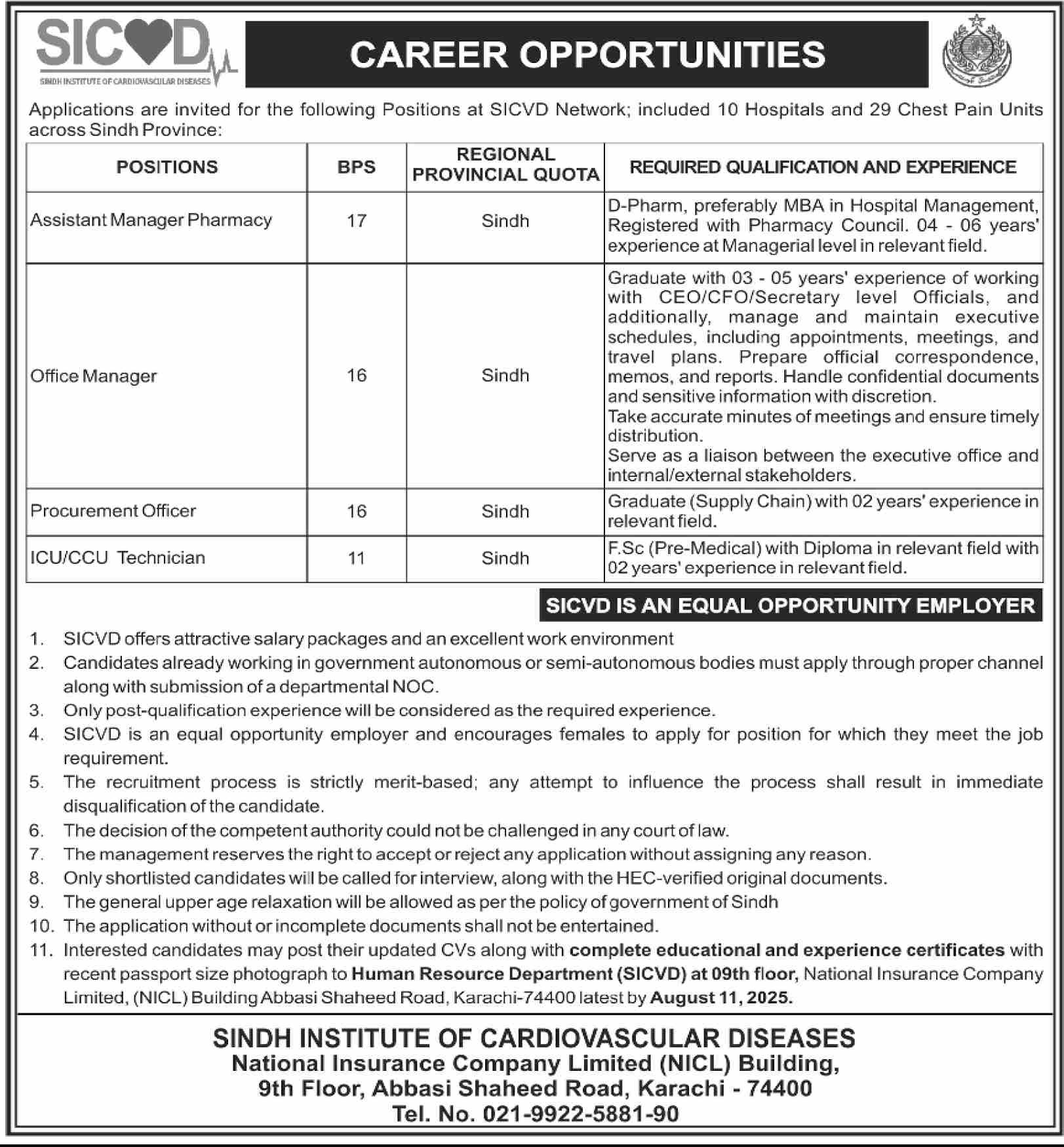 Jobs in Sindh Institute of Cardiovascular Diseases Karachi